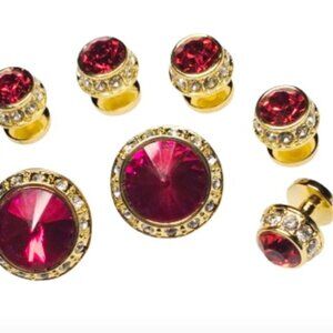 Red Faceted Synthetic Crystal Center / Clear Czech Crystals Rim Cufflinks Set